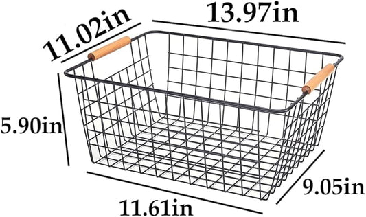 LeleCAT Large black wire baskets with Wooden Handles for storage pantry, Storage Organizer Baskets, Household Refrigerator for Cabinets, Closets, Bedrooms, kitchen - Set of 3 Black