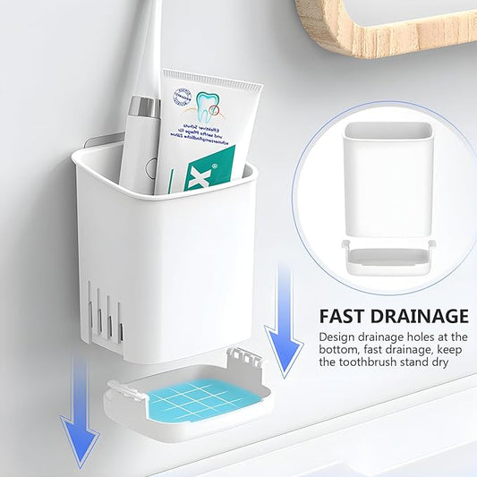 Toothbrush Holder Cup Wall Mounted Drill-Free for Bathroom Shower Electric Toothbrush Toothpaste Razor Holder Removable Waterproof Sturdy Self Draining, Tableware Holder for Kitchen(1pcs&White)