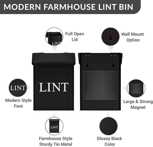 Calindiana Modern Farmhouse Metal Magnetic Lint Bin for Laundry Room Decor and Accessories with Lid and Laundry Room Organization and Storage Wall Mount Space Saving Washer and Dryer Trash Can (BLACK)