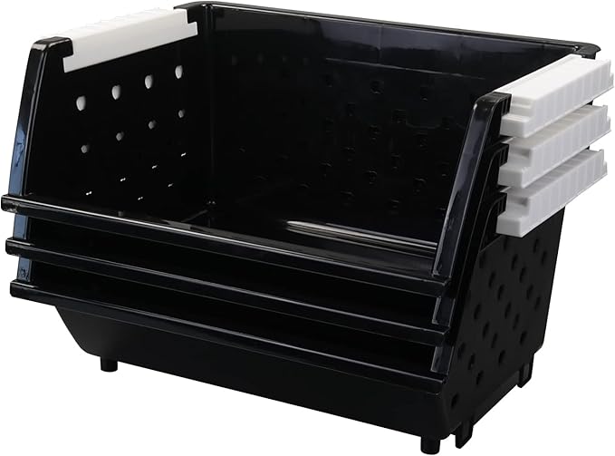 3-Pack Plastic Stackable Organizer Basket, Stacking Storage Basket, Black