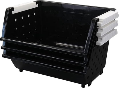 3-Pack Plastic Stackable Organizer Basket, Stacking Storage Basket, Black