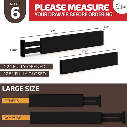 6 Pack Bamboo Drawer Dividers - 17" to 21.5" Expandable Adjustable Drawer Organizer for Kitchen Utensils, Large Drawer Divider, Clothes, Dresser, Bedroom, Bathroom, Desk Drawer Separator Set (Black)