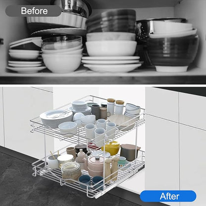 FULGENTE Chrome Finish Pull Out Drawer Cabinet Organizer 2 Tier (17" W * 21" D*15.12''H) Professional Sliding Pantry Shelves Under Kitchen Bathroom Sink Wire Drawer Storage Roll Out Shelf Basket