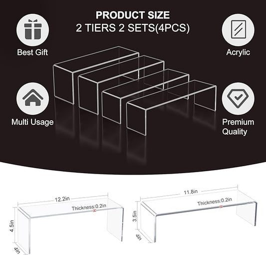 Acrylic Display Riser Stand,5mm Thickness, 12'' Length Tierd Display Stands, Acrylic Shelf Risers for Perfume Display,Risers for Buffet Table,Cupcake Stand,Pop Figurines,Tumbler,Food,4Pcs