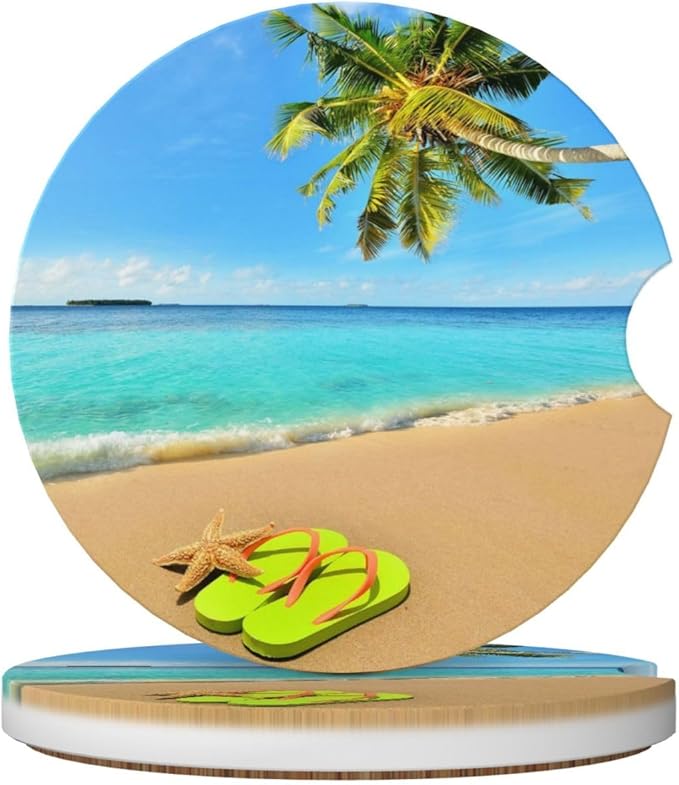 Beach Ocean Palm Tree Starfish Flip Flops Car Cup Holder Coaster 2 Pack Absorbent Ceramic Car Coasters for Cup Holders Car Accessories Interior Anti Slip Cork Base Cup Coasters with Finger Notch