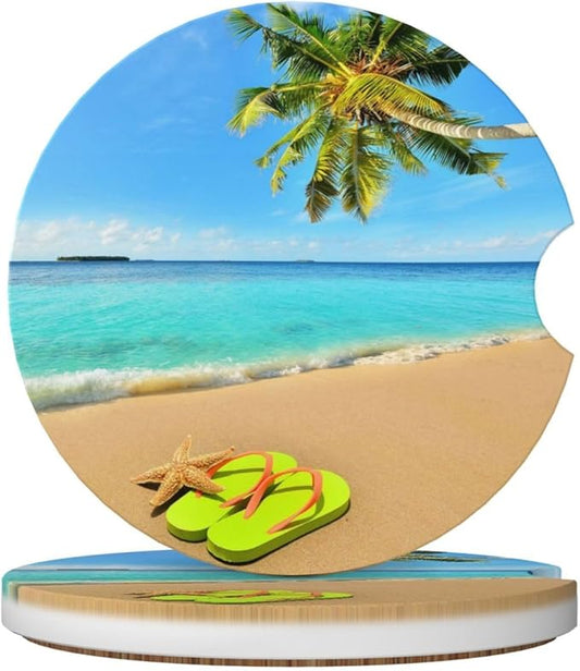 Beach Ocean Palm Tree Starfish Flip Flops Car Cup Holder Coaster 2 Pack Absorbent Ceramic Car Coasters for Cup Holders Car Accessories Interior Anti Slip Cork Base Cup Coasters with Finger Notch