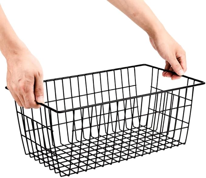 SANNO Freezer Basket Organizer, Refrigerator Metal Wire Storage Divider, Household Container Bins with Handles for Kitchen, Bathroom, Office, Camping, Black,Set of 4