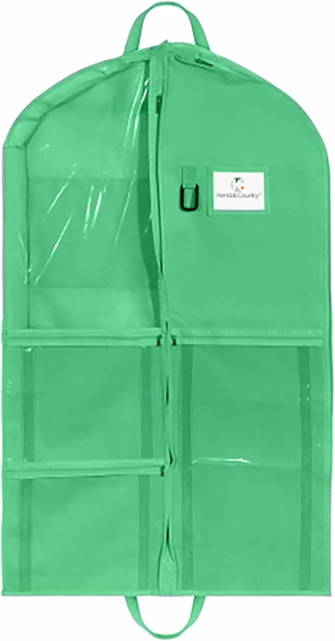 Enhanced Hanging Garment Bag with multiple clear Pockets, carrying straps, front and Side Zippers for Clothes, Dance Costumes, Cheer uniforms, and pageant dresses. (EmeraldGreen, 40 inch)