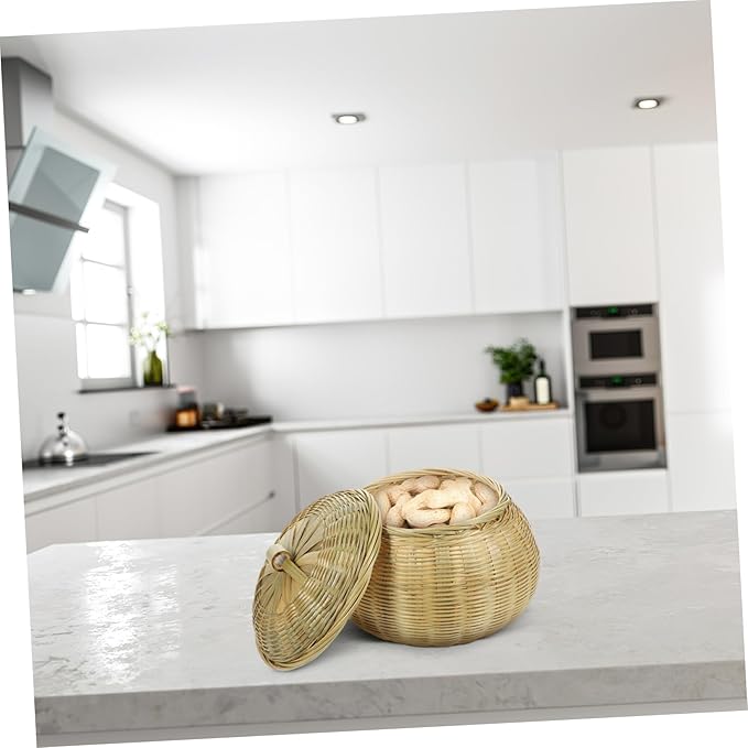 Cabilock Woven Storage Basket with Lid Round Organizer for Eggs Sundries Versatile Home Storage for Kitchen Bedroom Stylish Design