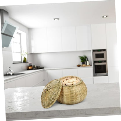 Cabilock Woven Storage Basket with Lid Round Organizer for Eggs Sundries Versatile Home Storage for Kitchen Bedroom Stylish Design