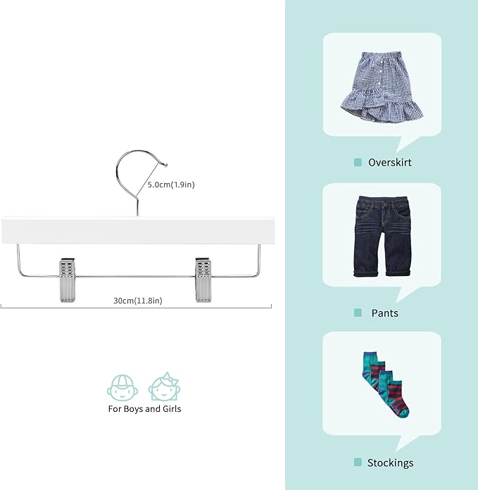 Nature Smile Kids Solid Wooden Pants Hangers,Baby Toddler Children Wood Skirts Hangers,Trousers Bottom 11.8 inches Hangers with 2-Adjustable Clips Anti-Rust Hook Pack of 20 (White)