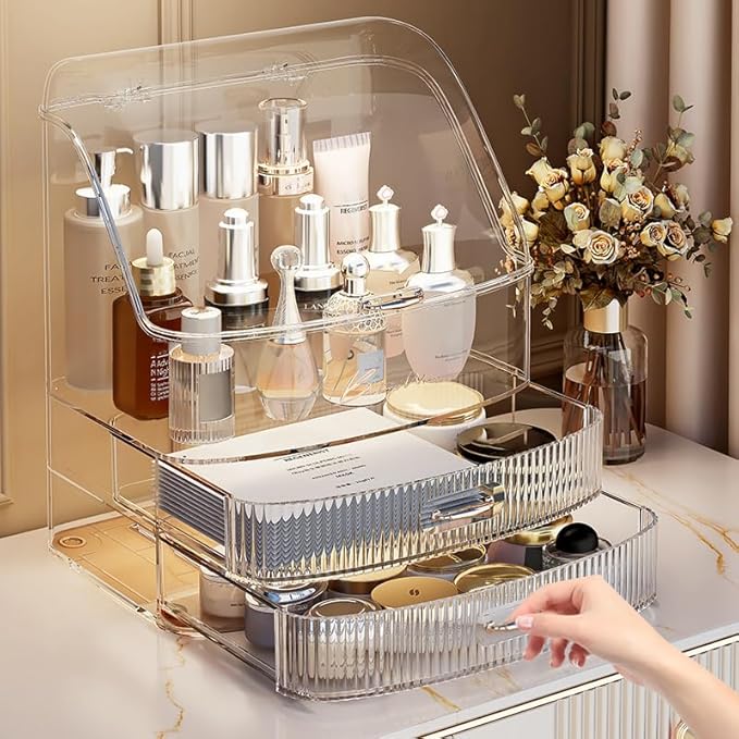 Plukers Makeup Organizer Countertop Vanity with Transparent Lid Drawers Waterproof Dustproof Cosmetic Skincare Bathroom Storage Gift for Women Teens Girls (Clear Whtie)