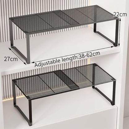 HGZBS Extendable Metal Wire Shelf Organizer - Adjustable 15-24.4in Length, Stackable Storage Rack for Kitchen/Pantry/Bathroom/Shoe Cabinet/Tool Closet (1,Black)