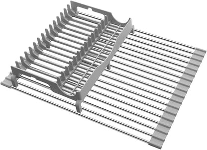 EMIERAI Upgraded Roll Up Dish Drying Rack(21.5” x 13.1”) Over Sink Dish Drainer Foldable Stainless Steel Trivet for Kitchen Countertop
