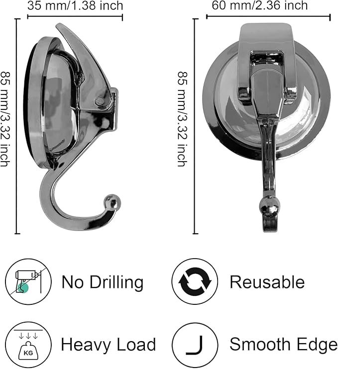 YSSILADI Heavy Duty Vacuum Suction Shower Hooks - Glass Suction Cup Hooks, Bathroom Robe Hooks, Reusable, No Hole Punched, for Garland Decoration (Silver Grey, 4 Pack)