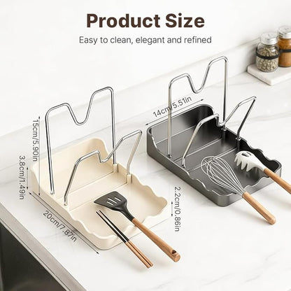 ROWPOZ Kitchen Pot Lid Storage Rack, New Multifunctional Stainless Steel Pot and Pan Organizer with Removable Drip Tray, Lid Holder While Cooking, Lid And Spoon Rest (Gray Double)
