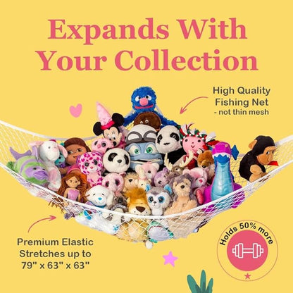 Lilly's Love Stuffed Animal Storage Hammock - Extra Large, Corner Hanging Stuffed Animal Net Organizer - Stuffed Animals Toy Storage - Cute Plushie Stuff Animal Holder (Coral)