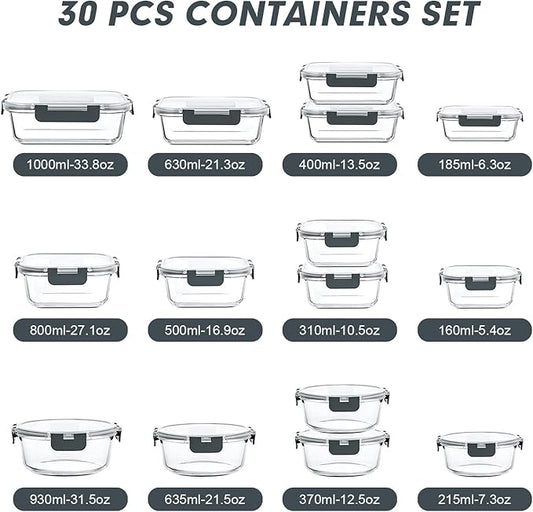 VERONES 30 Pieces Glass Meal Prep Containers Set, Stackable Glass Food Storage Containers with Lids-Airtight Lunch Containers，for Microwave, Oven, Freezer & Dishwasher,Grey
