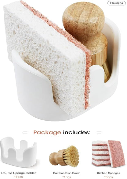 Slow Slog Double Sponge Holder, Water-Absorbing Stone Dish Sponge Caddy for Kitchen Sink Counter, Fast-Drying Stone Sponge Holder with 6 Sponges and 1 Brush, White