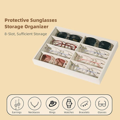 XHMQYC Glasses Holder Box Drawer Sunglass Organizer for Men Clear Wide Storage Case 8 Slots Multiple Reading Glasses Display, Beige Velvet