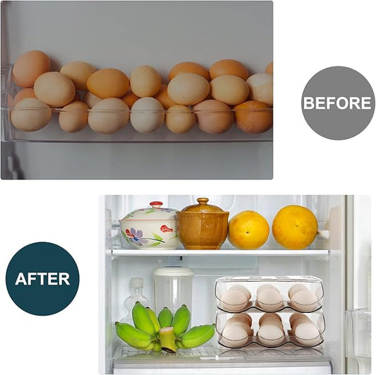 Egg Holder for Fridge,Automatically Rolling Egg Storage Container for Refrigerator,Egg Organizer for Fridge with Lid,Clear Plastic Dispenser, Tray & Box -3 Layer