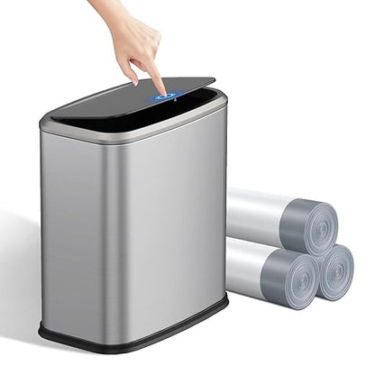 2.1 Gallon Bathroom Trash Can with Lid Press Top, 8 Liter Stainless Steel Garbage Can with Press Type Lid, Slim Trash Bin Waste Basket for Toilet, Office, Bedroom, Living Room (Silver)