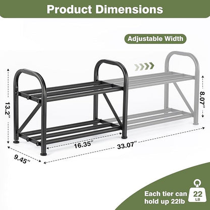 2-Tier Shoe Rack for Closet, 16"-33" Expandable ShoeRack, Adjustable for Entryway Closet Doorway SturdyMetal, Black