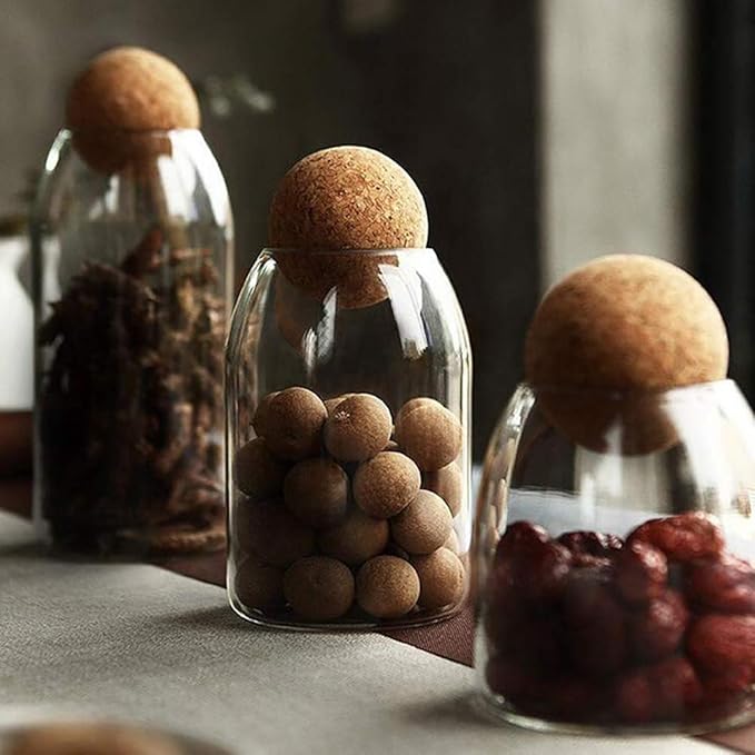 MOLFUJ 550ML/18Oz Glass Storage Container with Ball Cork, Cute Decorative Organizer Bottle Canister Jar with Air Tight Wood Lid for Food, Coffee, Candy, Bathroom Apothecary Cotton Swab Qtip Holder