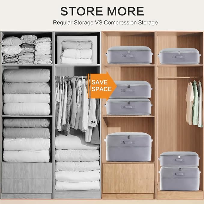 Geernioy Ultra Space Saving Self Compression Storage Bags with Zipper, （Grey) -Compression Organize for Bedding, Comforter Storage Bag for Blankets Duvet Quilts Pillows