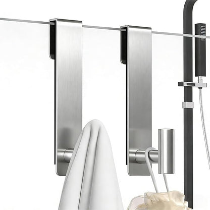 HUFEEOH Shower Towel Hooks, 7.5-Inch Extended Over Glass Shower Door Hanger for Towels & Robes, Rustproof Bathroom Towel Rack, 2-Pack (Silver, T Shape)