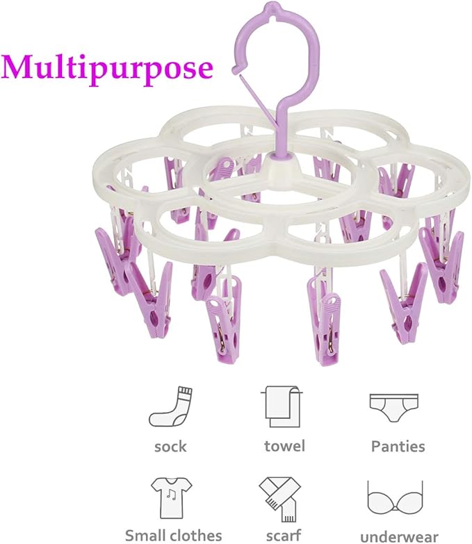 Clothespin Rack Laundry Drying Rack,Clothes Hangers with 16 Clips,Clip Hanger Drip Hanger for Drying Underwear,Baby Clothes,Socks,Bras,Towel,Pants,Hat,Scarf,Cloth Diapers,Gloves (Purple)