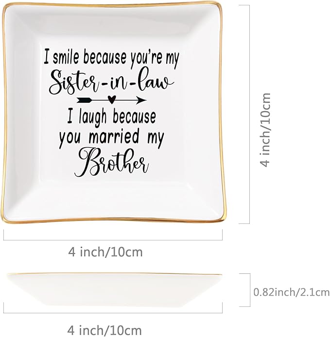 Spegiffu Sister in Law Gifts Ring Dish- I Smiled Because You're My Sister in Law Jewelry Dish Tray Trinket Dish, Birthday Gifts for Sister in Law Wedding Christmas Valentines Mother's Day Gift, White