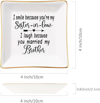 Spegiffu Sister in Law Gifts Ring Dish- I Smiled Because You're My Sister in Law Jewelry Dish Tray Trinket Dish, Birthday Gifts for Sister in Law Wedding Christmas Valentines Mother's Day Gift, White