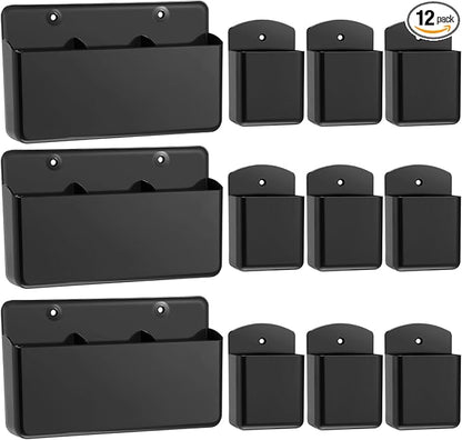 12 Pcs Remote Control Holders Wall Mount Self Adhesive Controller Holder Universal Wall TV Remote Phone Pen Holder Storage Accessories for Home Office School (Black)