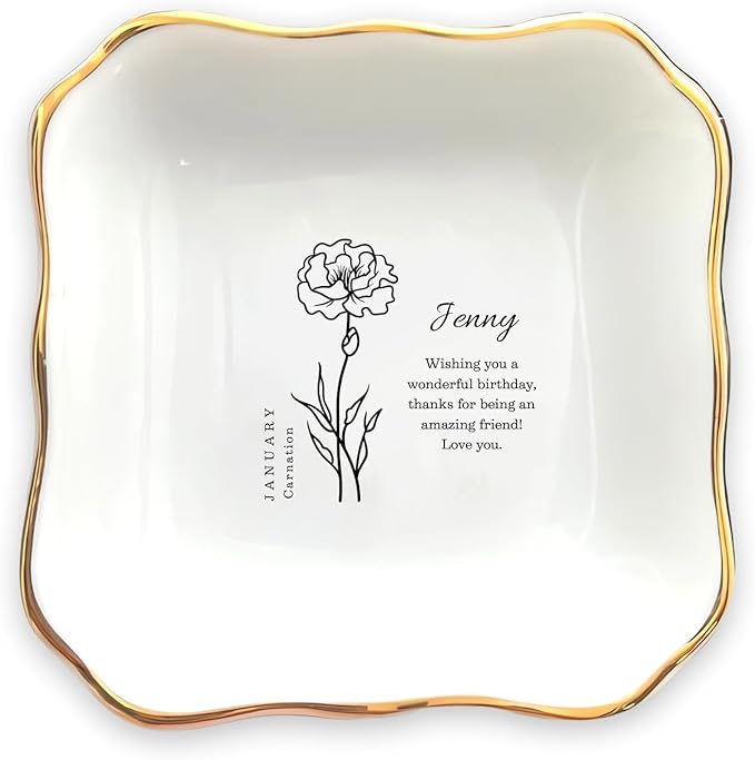 HatafaFurni Birthday Ring Dish Holder Gift for Her, Personalised Birth Flower Jewelry Dish Gift for Friend with custom Name, Message - Christmas Birthday Jewelry Tray, Ceramic Ring Dish for Mom Sister