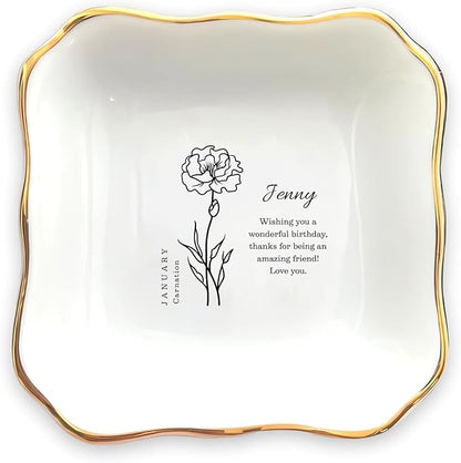 HatafaFurni Birthday Ring Dish Holder Gift for Her, Personalised Birth Flower Jewelry Dish Gift for Friend with custom Name, Message - Christmas Birthday Jewelry Tray, Ceramic Ring Dish for Mom Sister