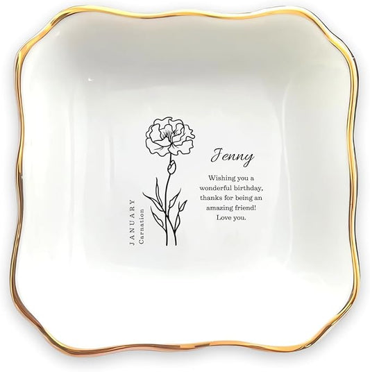 HatafaFurni Birthday Ring Dish Holder Gift for Her, Personalised Birth Flower Jewelry Dish Gift for Friend with custom Name, Message - Christmas Birthday Jewelry Tray, Ceramic Ring Dish for Mom Sister