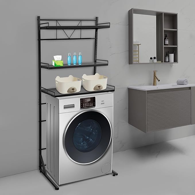 Eapmic Over The Washer and Dryer Storage Shelves, Laundry Room Standing Shelf, 3 Tier Expandable Washer and Dryer Rack with Adjustable Height, Over Toilet Washing Machine Width Within 25.2" (Black)