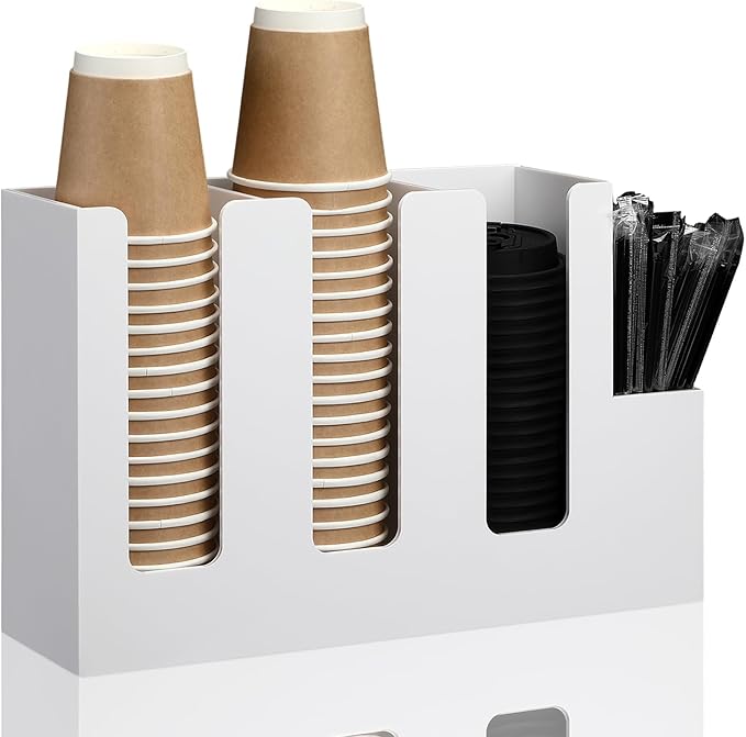 Cunhill 4 Compartments Acrylic Coffee Cup and Lid Storage Organizer Holder Disposable Paper Cup Dispenser Organizer Plastic Lid Holder Accessories for Kitchen Bar Shop Party Supplies (White)