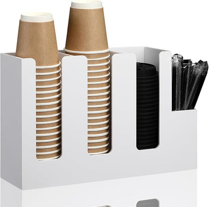 Cunhill 4 Compartments Acrylic Coffee Cup and Lid Storage Organizer Holder Disposable Paper Cup Dispenser Organizer Plastic Lid Holder Accessories for Kitchen Bar Shop Party Supplies (White)