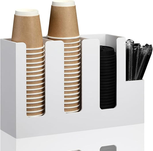 Cunhill 4 Compartments Acrylic Coffee Cup and Lid Storage Organizer Holder Disposable Paper Cup Dispenser Organizer Plastic Lid Holder Accessories for Kitchen Bar Shop Party Supplies (White)