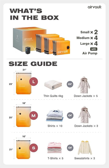Vacuum Storage Bags for Travel & Home - Space Saver Compression Packing Bags Set for Clothes, Blankets & Seasonal Storage, Small (2), Medium (4), Large (4) (Orange,10-Pack Combo)