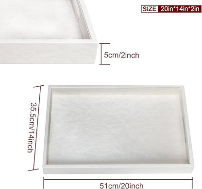 20 * 14 inches Leather Rectangle Serving Tray with Hole Handles,High-End Light Large Service Tray for Ottoman Tray, Tea, Food, Butler - Countertop, Kitchen,Family Dinner, Picnic (White)