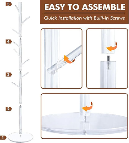 KOLUTI Acrylic Coat Rack Stand, with 8 Hooks 3 Section Adjustable Height, Hats Bags Jacket Clothes Scarves Hanger Organizer Tree Shaped Shelf Umbrella Holder, for Bedroom Entryway Living Room Office