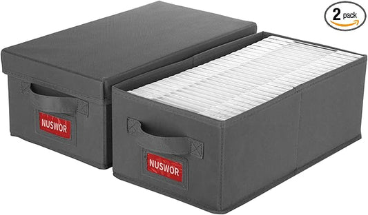 DVD Storage Box - Perfect DVD Case Storage Solution, Stackable DVD Organizer with Lid, 2Pack DVD Holder 15.75 x 8.1 x 6.1 inches - Holds 50 DVDs - Grey, USNWDVD2S2