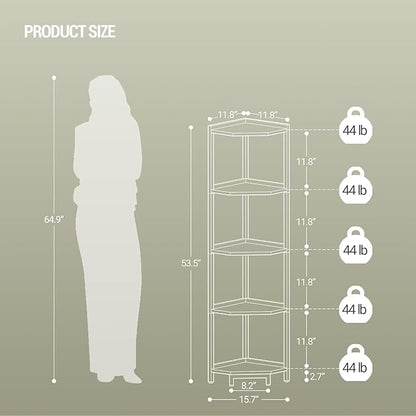 Corner Shelf Stand, Corner Bookshelf, Storage Standing Shelf Unit with Metal Frame, Plant Stand, Bookcase for Living Room, Home Office, Bedroom, 5-Tier White CS05913W