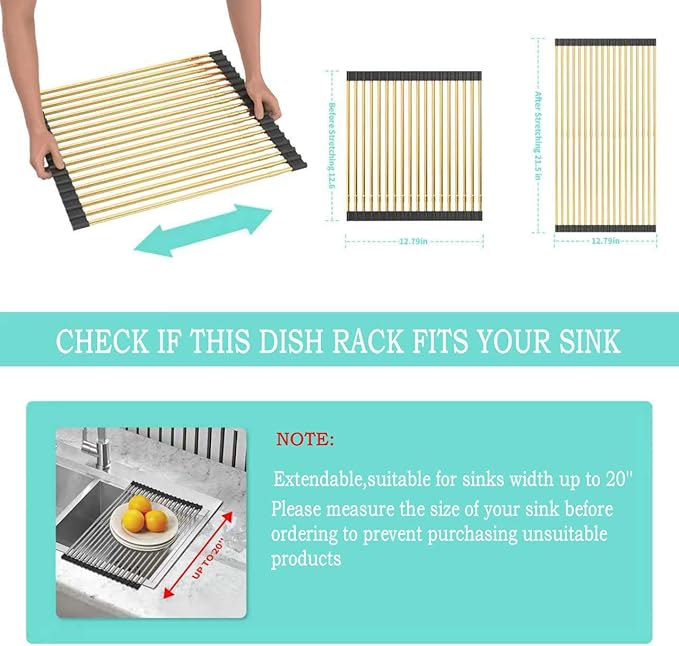 ARAINY Large Telescopic Draining Rack, Gold Roll Up Heat-Resistant Dish Drainer for Stainless Steel Sinks, Non-Slip Silicone Rolling Dish Drainer Roll Rack 18 tube12.59-21.25x12.79''
