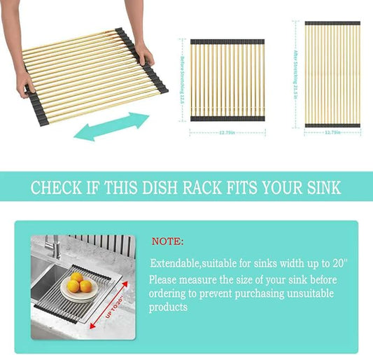 ARAINY Large Telescopic Draining Rack, Gold Roll Up Heat-Resistant Dish Drainer for Stainless Steel Sinks, Non-Slip Silicone Rolling Dish Drainer Roll Rack 18 tube12.59-21.25x12.79''