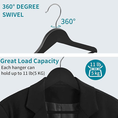ABHENG 20 Pack Wooden Coat Hangers, 360° Swivel Hook, Suit Hangers with Anti-Slip Notches, Clothes Hangers for Jackets, Shirts, Dress, Black UAWY0520B