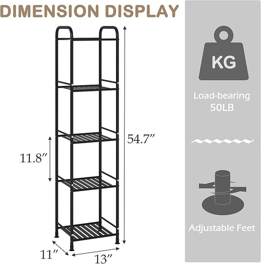 JSB 5 Tier Narrow Bathroom Shelving Unit, Kitchen Storage Rack Organizer Metal Corner Shelf for Living Room Laundry Pantry (Matte Black, 5 Tier)